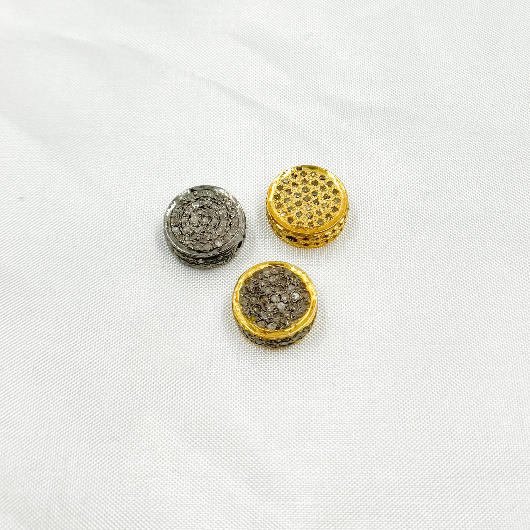 Pave Diamond & 925 Sterling Silver Black Rhodium, Two Tone and Gold Plated Coin Bead. DC835