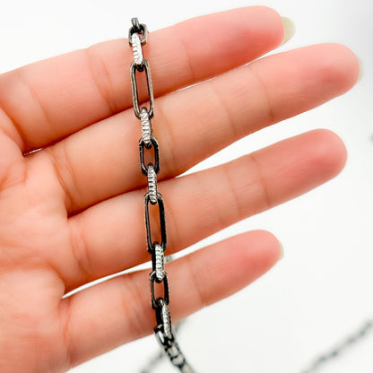 Z119SBDC. Black Rhodium and White Sterling Silver Paperclip Diamond Cut Cable Chain