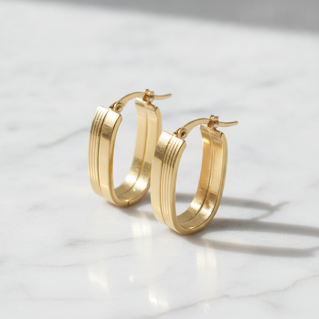 15850022147. 14K Solid Gold Smooth and Ribbed Rectangular Hollow Hoop Earrings