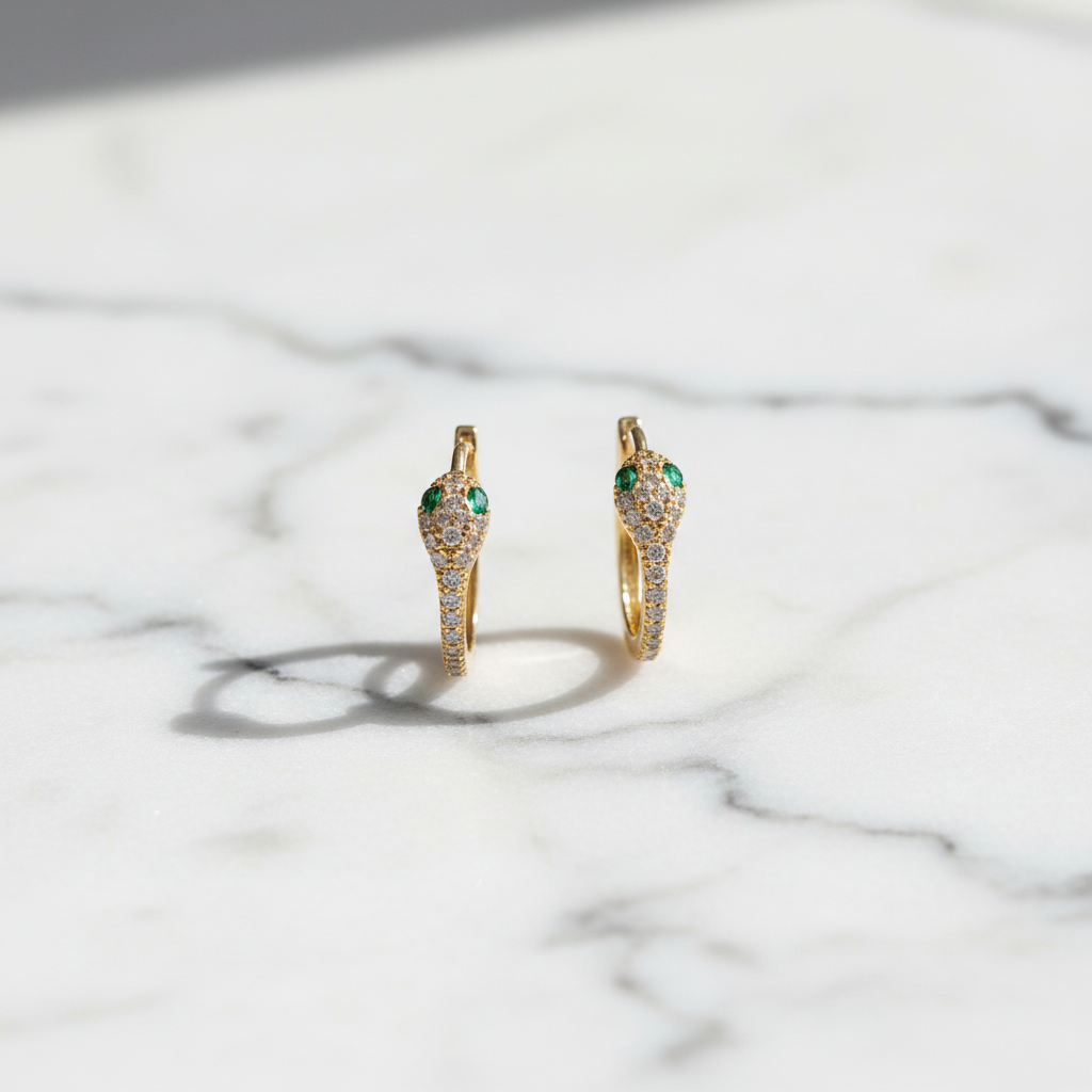 HP404198. 14k Solid Gold Diamond and Gemstone Snake Hoop Earrings