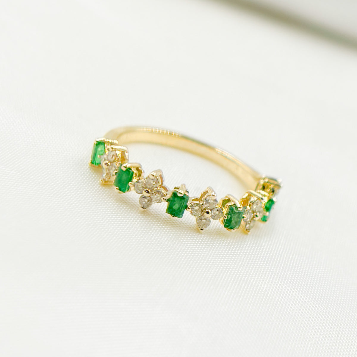 14K Solid Yellow Gold Diamond and Emerald Flower and Baguette Ring.