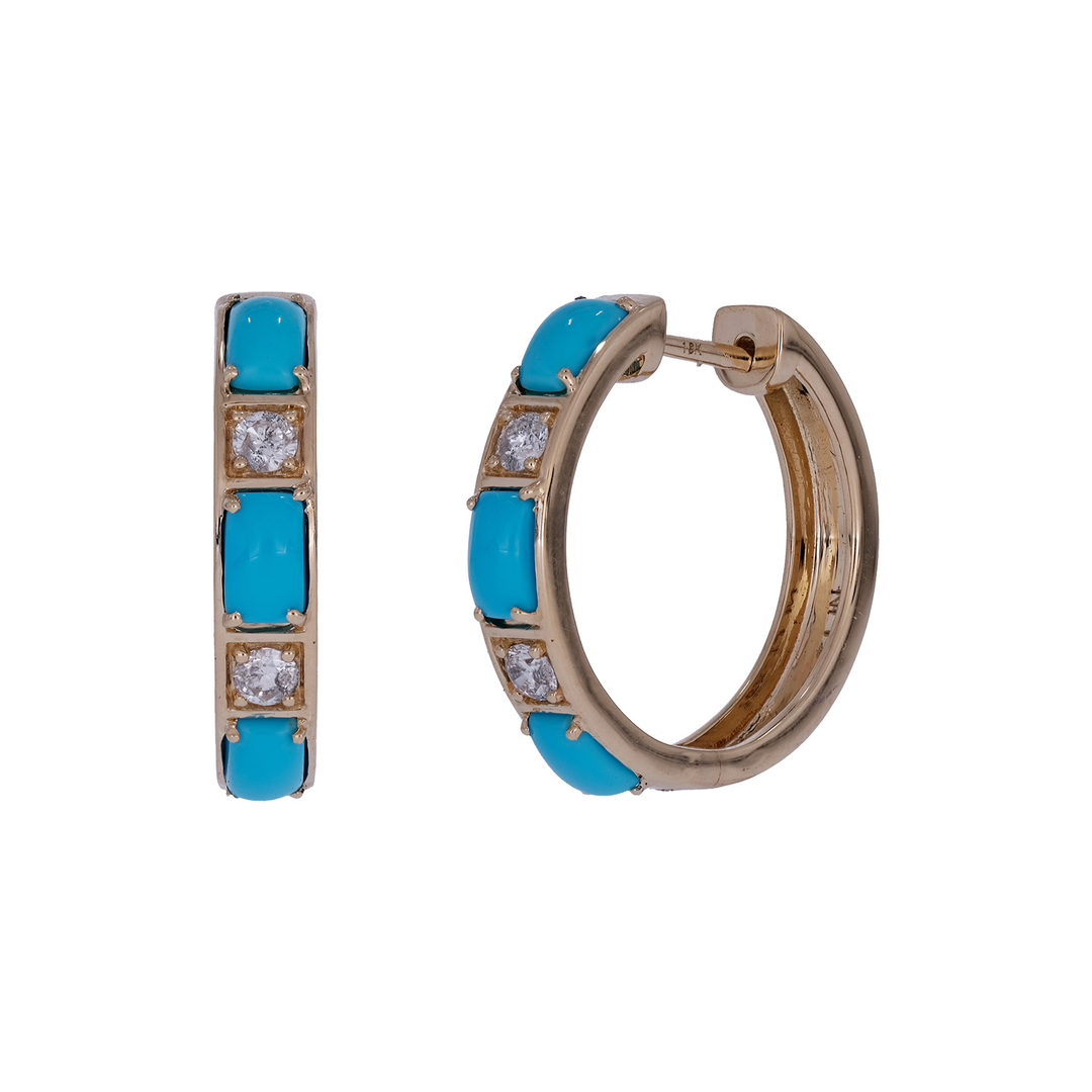 CE97353TQ5X3-14K. 14K Solid Gold Diamond and Turquoise Round Hoop Earrings