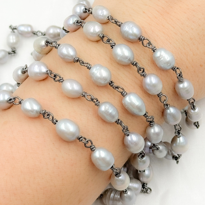 Grey Freshwater Pearl Organic Shape Wire Wrap Chain. PRL16
