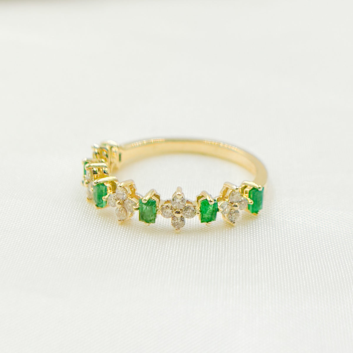14K Solid Yellow Gold Diamond and Emerald Flower and Baguette Ring.