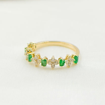 14K Solid Yellow Gold Diamond and Emerald Flower and Baguette Ring.