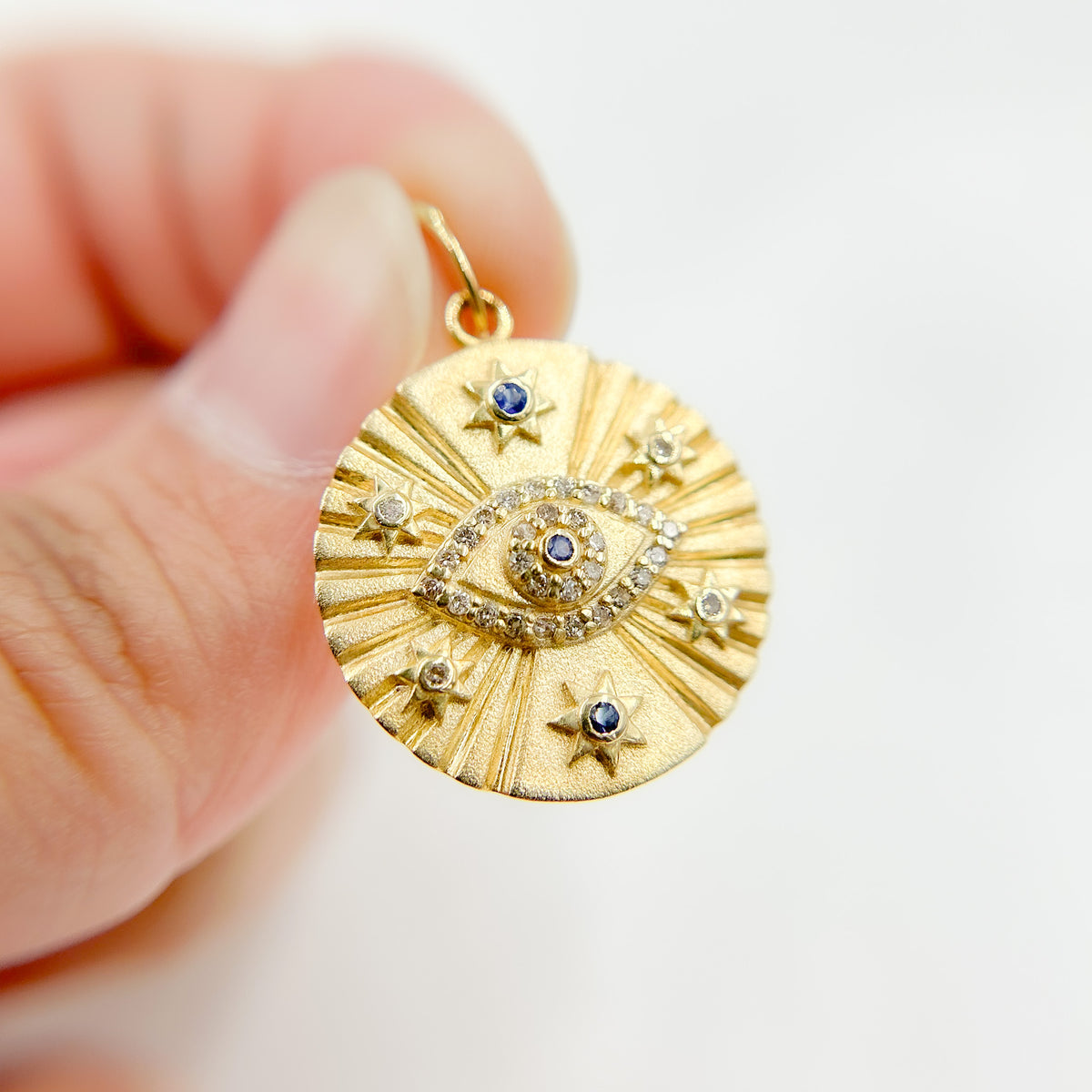 GDP549. 14K Gold Evil Eye Charm with Diamonds and Gemstones