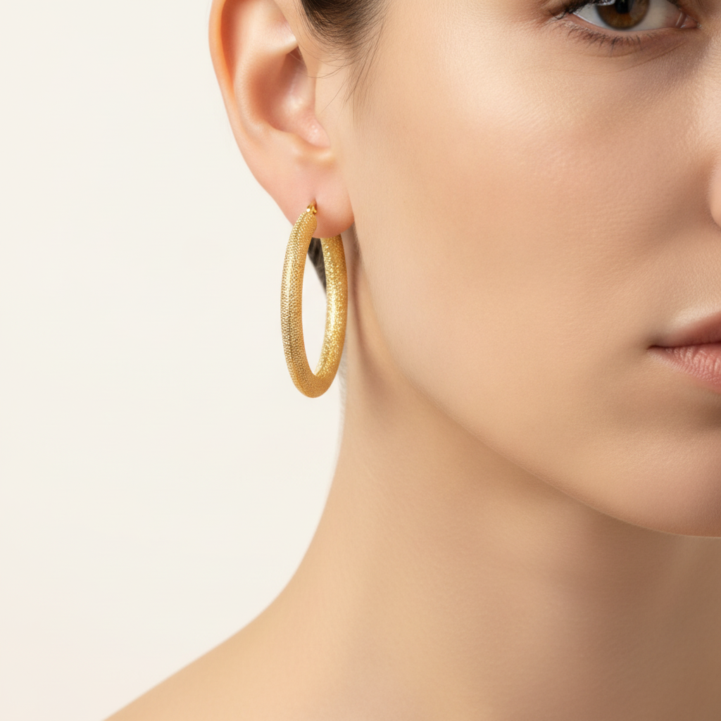 GER52. 14K Solid Gold Textured Hollow Hoop Earrings – Classic Round Hoops