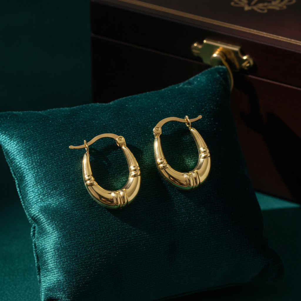 GER179. 14K Solid Gold Textured Hollow Hoops Earrings