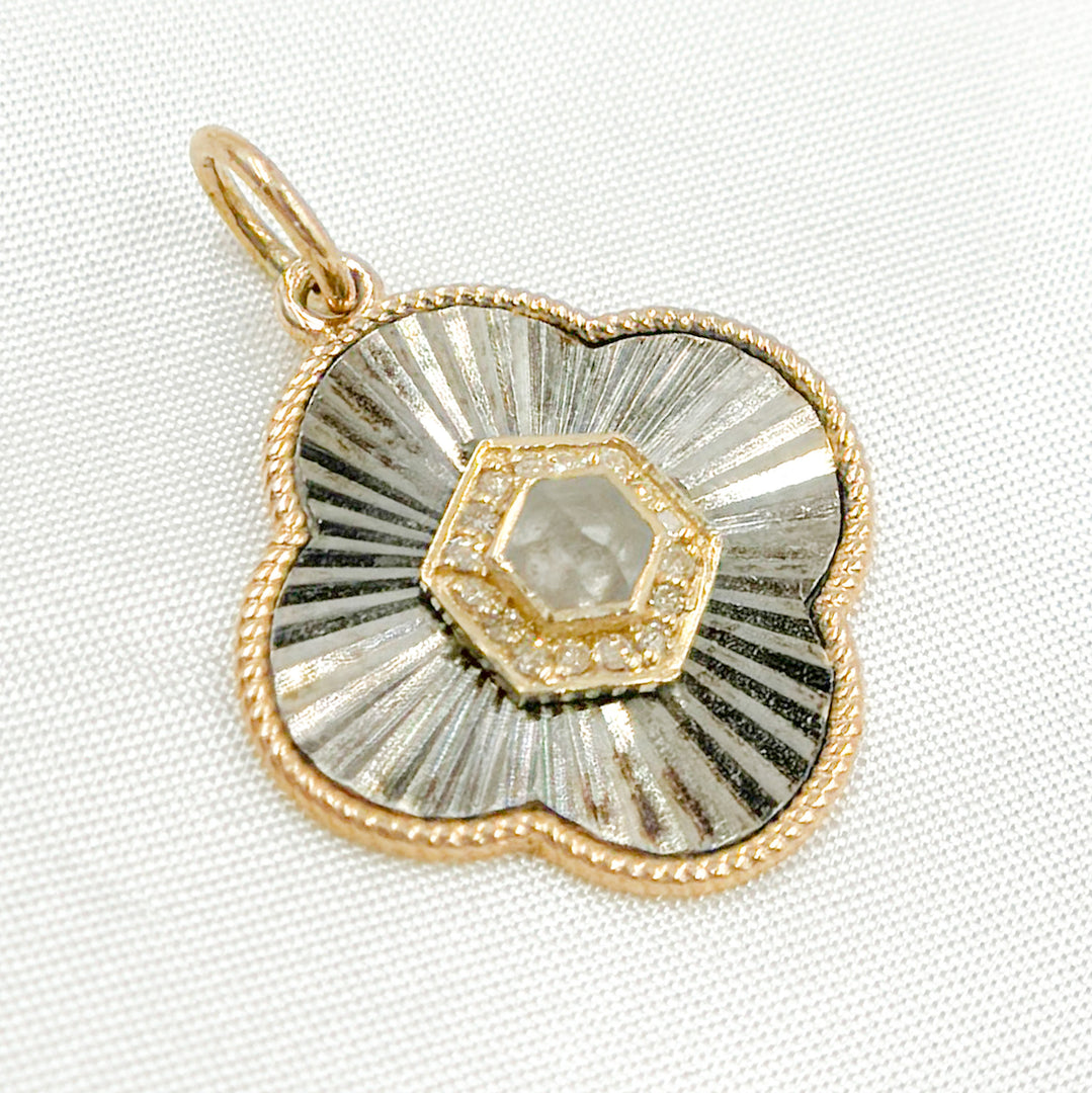 14k Solid Gold and Sterling Silver Diamond Flower Charm. KSG62