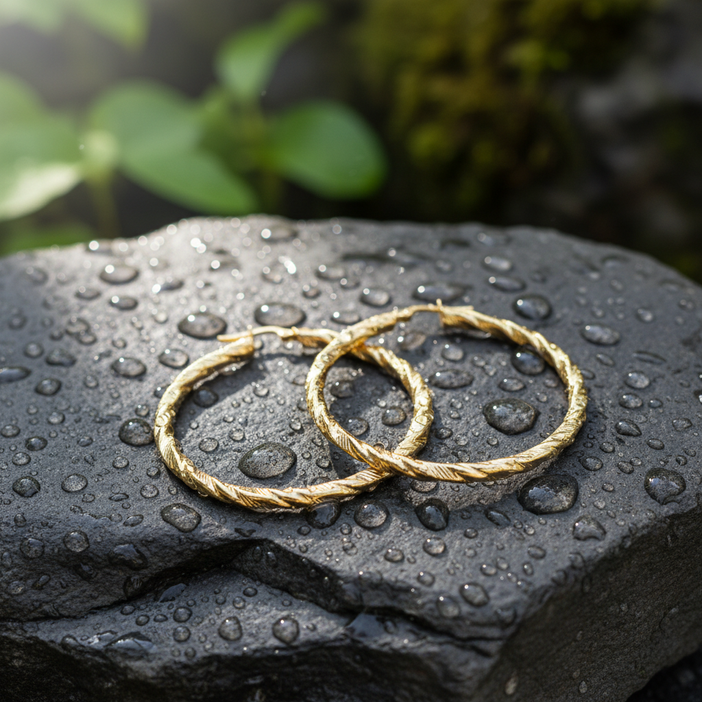 GER54. 14K Solid Gold Twist Round Hollow Hoop Earrings