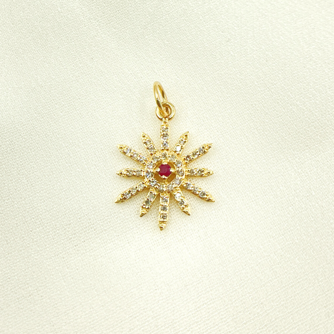 14K Solid Gold Sun Pendant with Diamonds & Gemstone (Available in Ruby, Blue Sapphire). GDP360