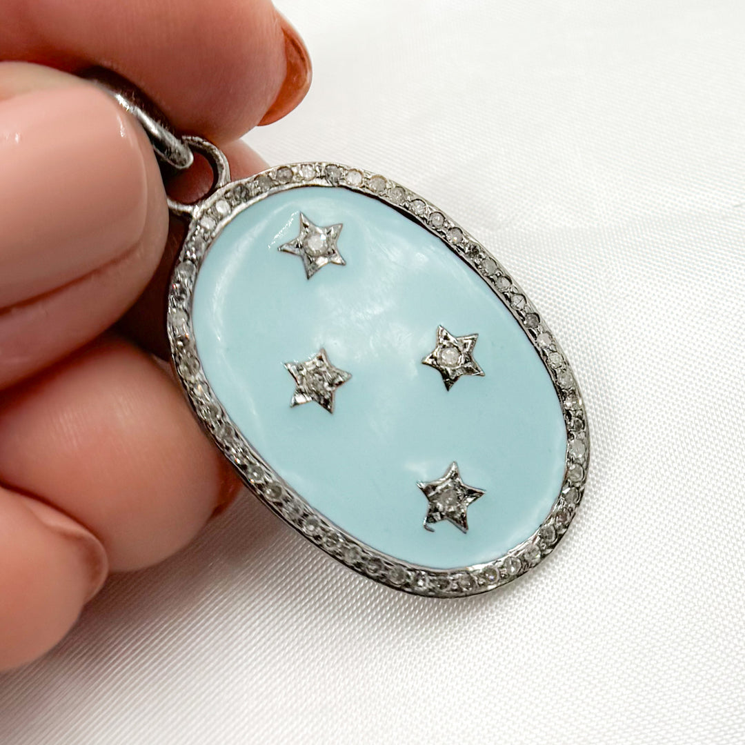 DP527A. Diamond Sterling Silver Oval Enamel Pendant