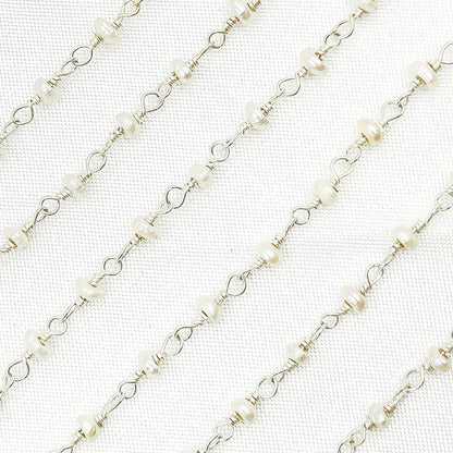PRL51. White Freshwater Pearl 925 Sterling Silver Wire Chain