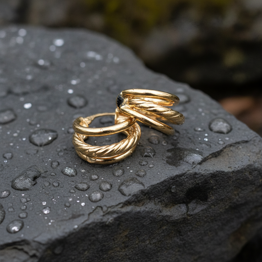 15850017973. 14K Solid Gold Smooth and Textured Triple Line Hollow Hoop Earrings