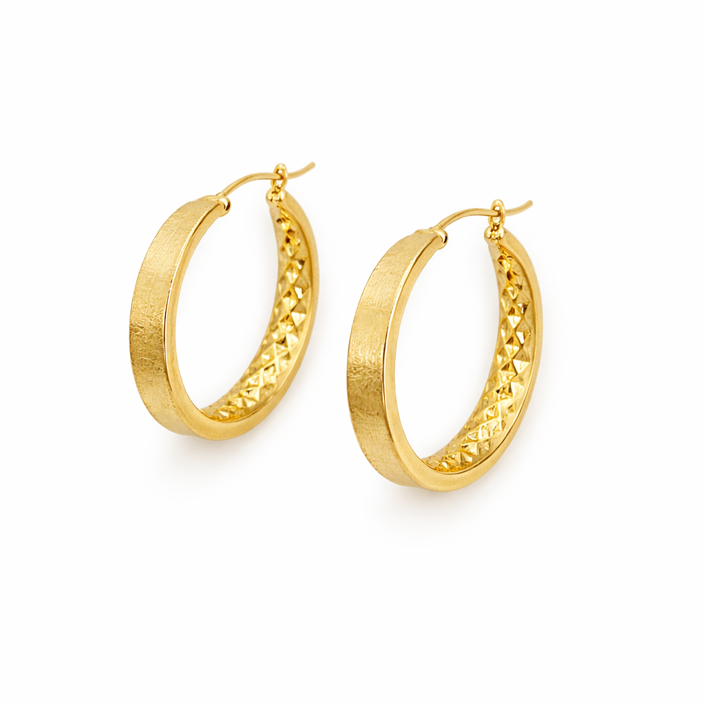GER89. 14K Gold Diamond Cut Hollow Hoop Earrings with Texture