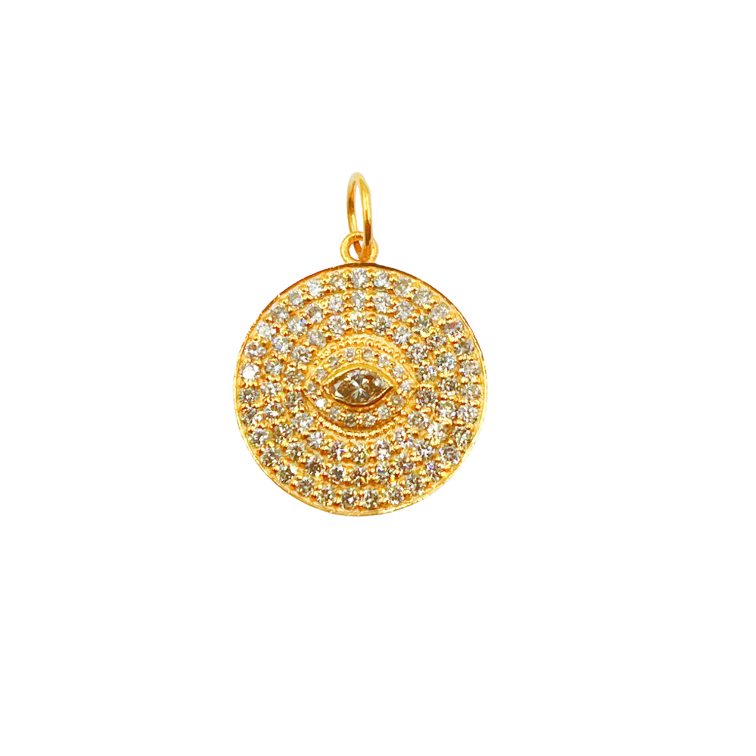 14K Solid Gold Circle Evil Eye Pendant Charm with Diamonds. GDP340