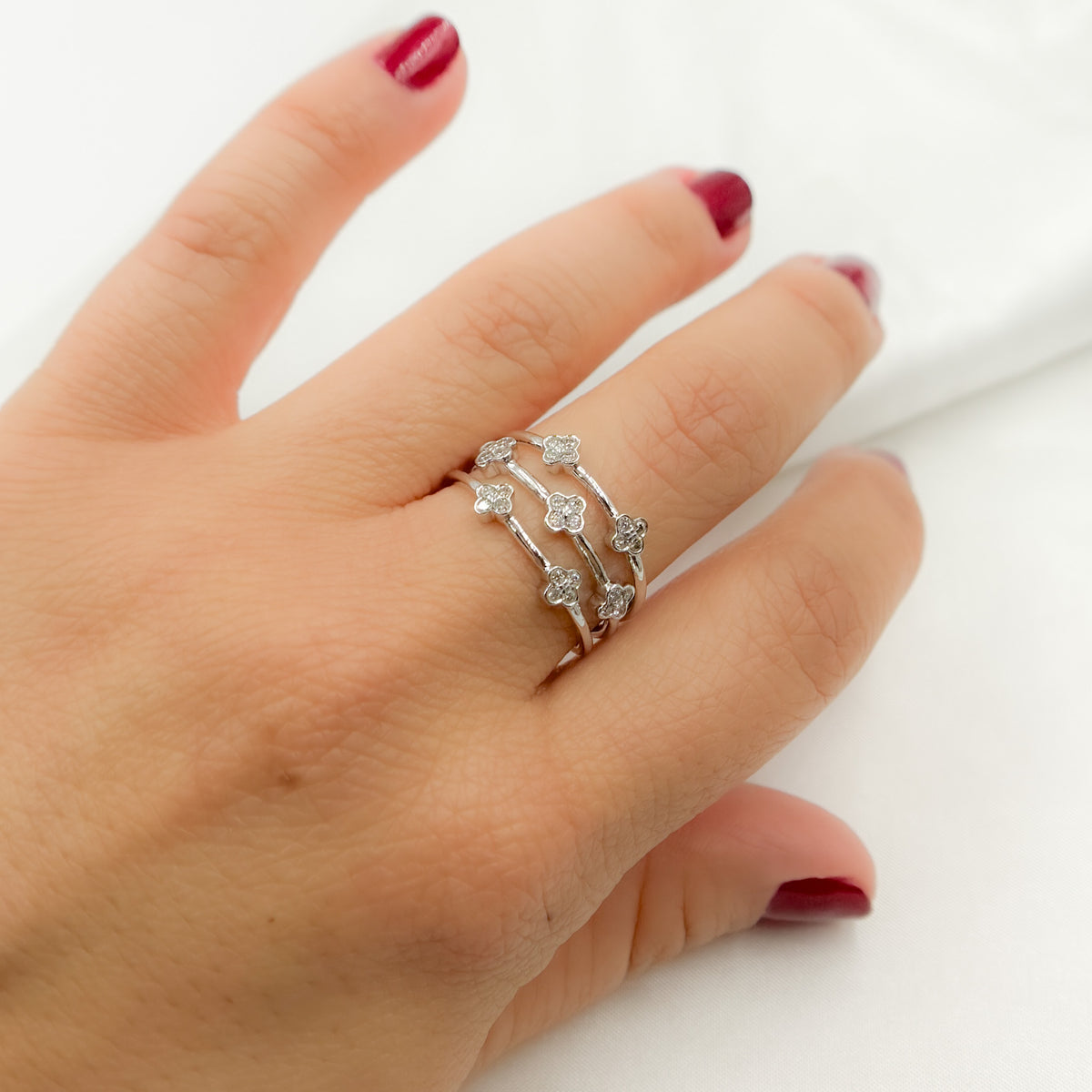 14K Solid White Gold Diamond 3 Row Flower Ring.