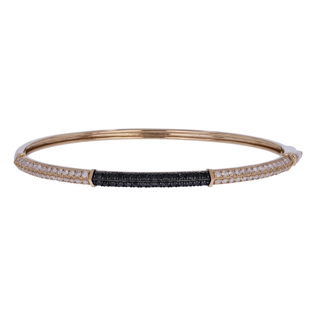 BNK68623A. 14K Solid Yellow Gold Elegant Bangle Featuring Black Diamonds and White Diamonds