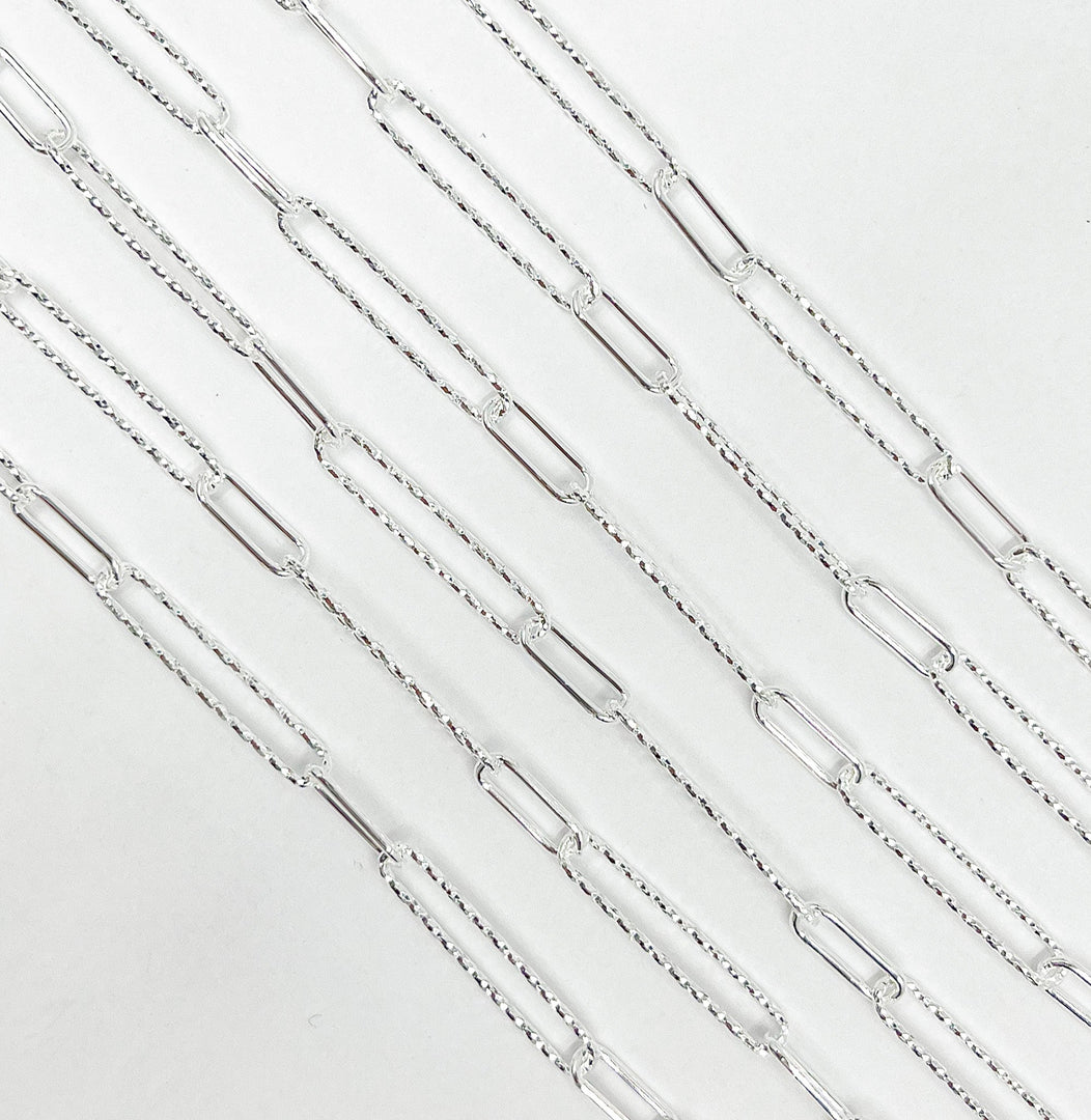 925 Sterling Silver Hammered and Round Paperclip Link Chain. V3SS