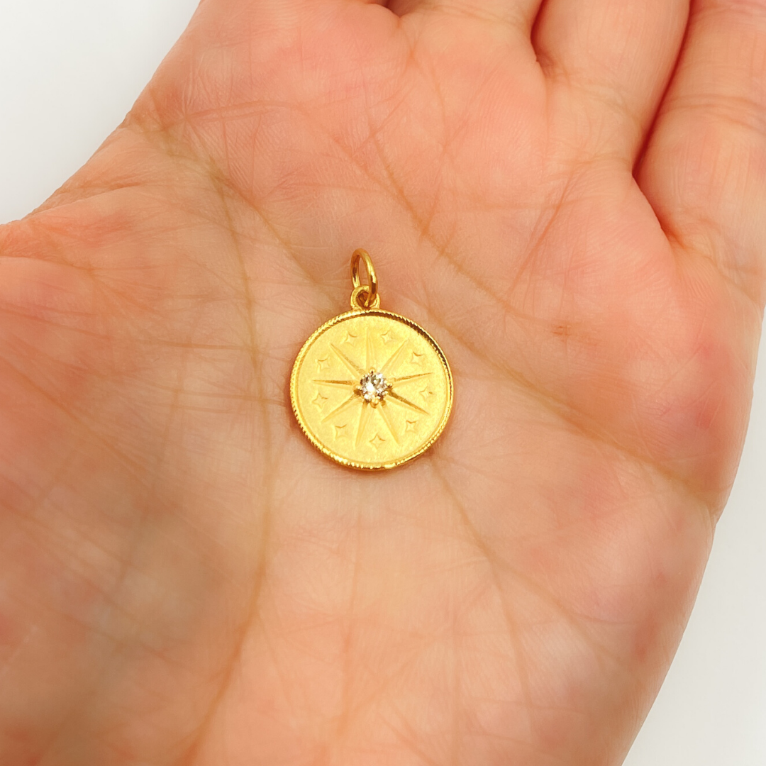 14K Solid Gold Charm. Circle Pendant with Diamonds. GDP176