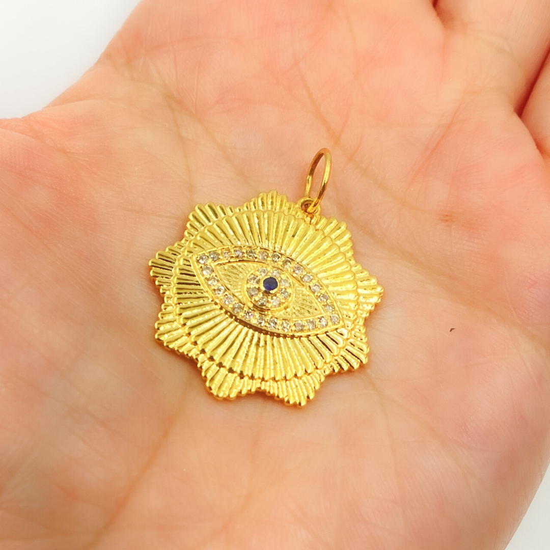 14K Solid Gold Diamonds and Blue Sapphire Flower Shape Evil Eye Charm. GDP302A