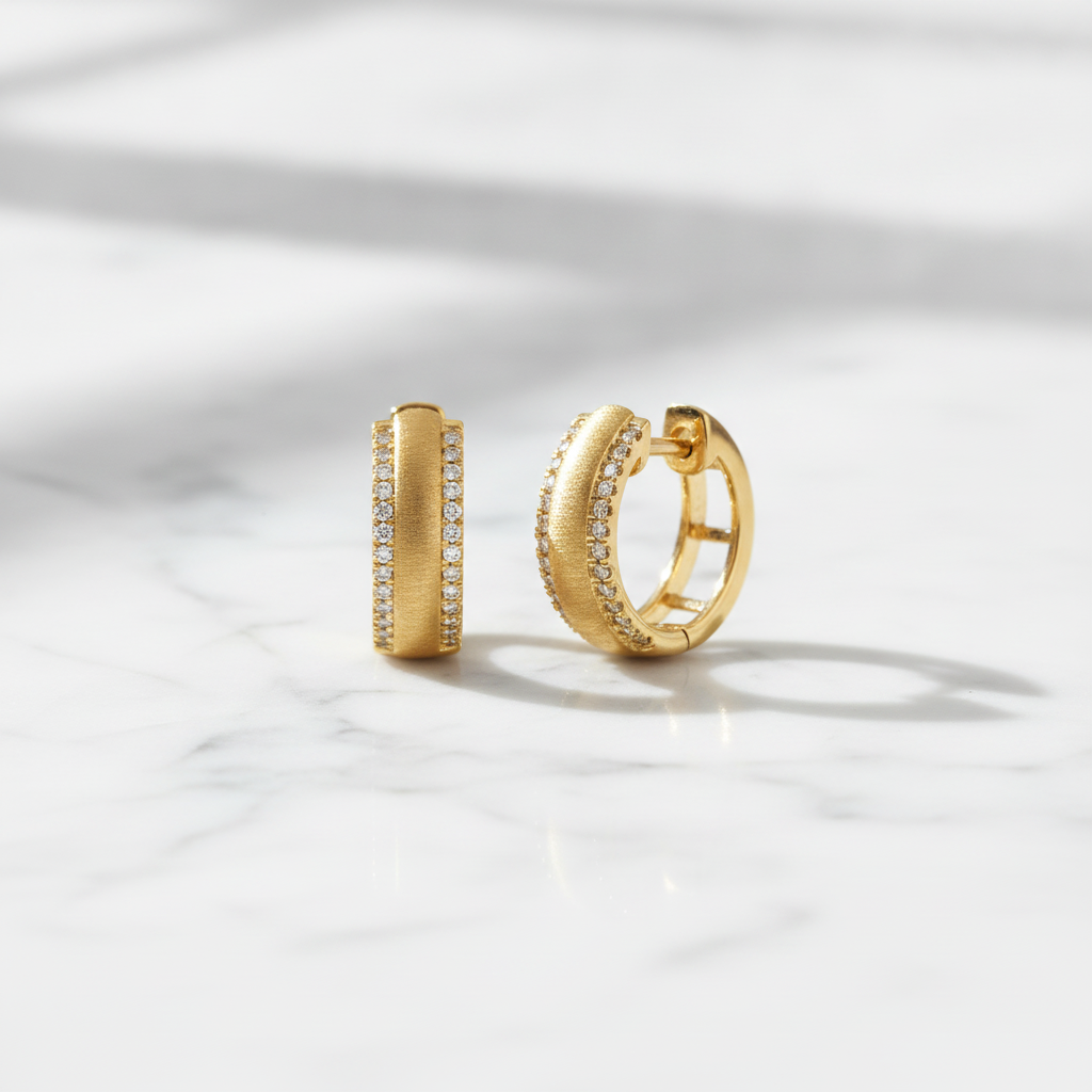 EHD57280. 14K Solid Yellow Gold Diamond Hoop Earrings