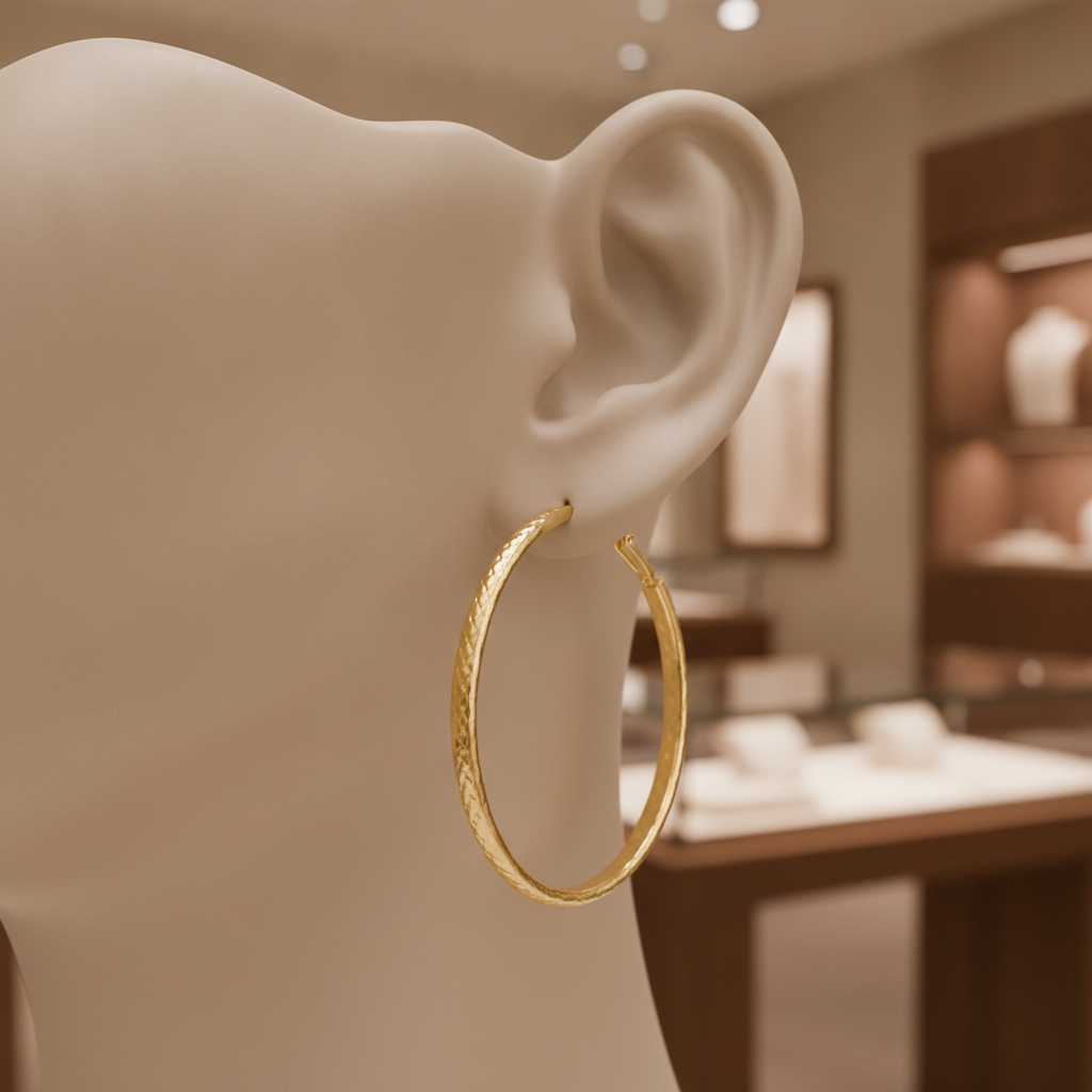 GER162. 14K Solid Gold Hollow Diamond Cut Hoop
