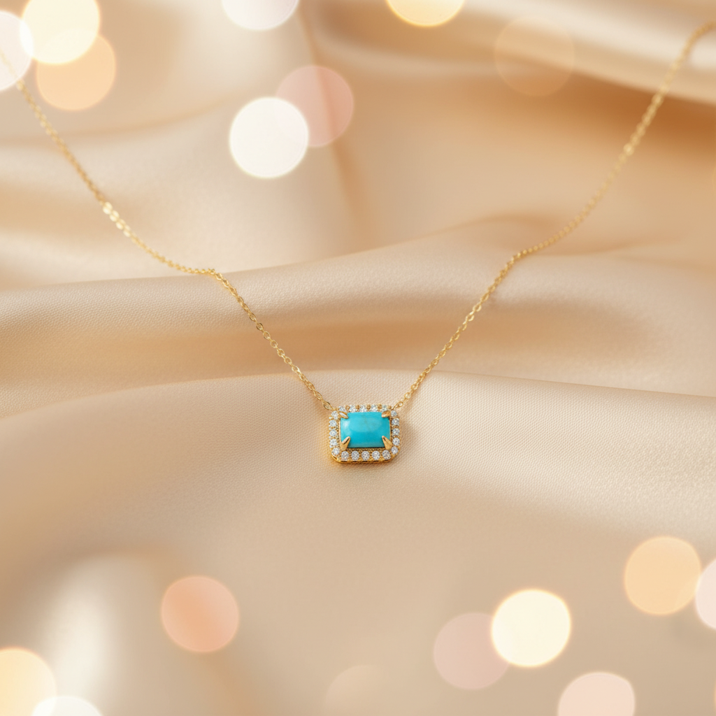 NT407129. 14K Solid Gold Octagon Turquoise Fancy Tiny Necklace