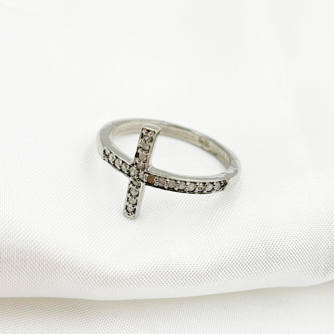 DR03. Diamond Black Rhodium Sterling Silver Cross Ring