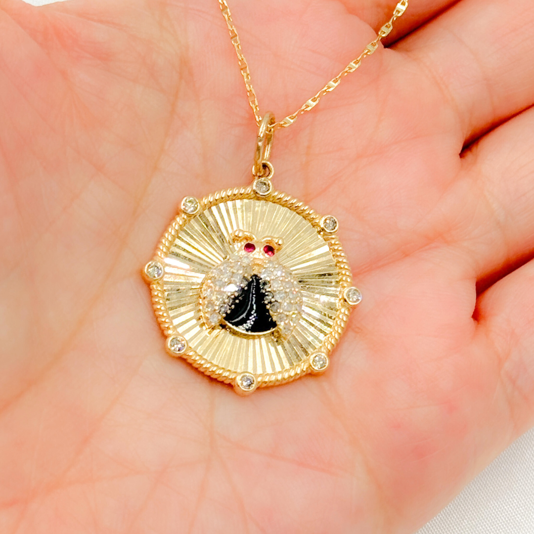 14K Solid Gold Beetle Charm with Enamel and Gemstones. KG298B