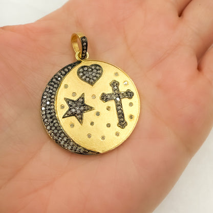 DP404. Diamond Sterling Silver Round Star, Heart & Cross Pendant