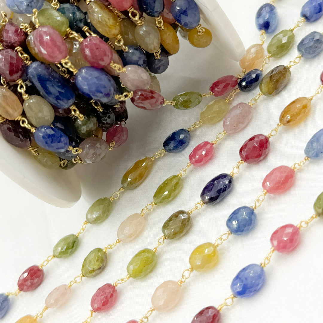 Multi Sapphire Rondel Faceted Gold Plated 925 Sterling Silver Wire Chain.  MSA38
