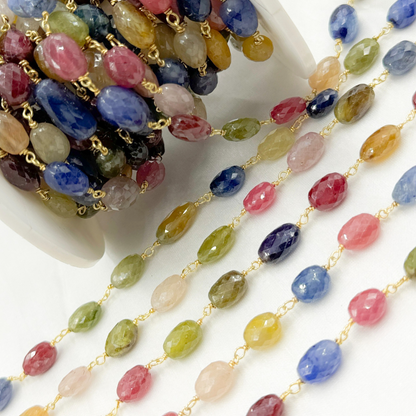 Multi Sapphire Rondel Faceted Gold Plated 925 Sterling Silver Wire Chain.  MSA38