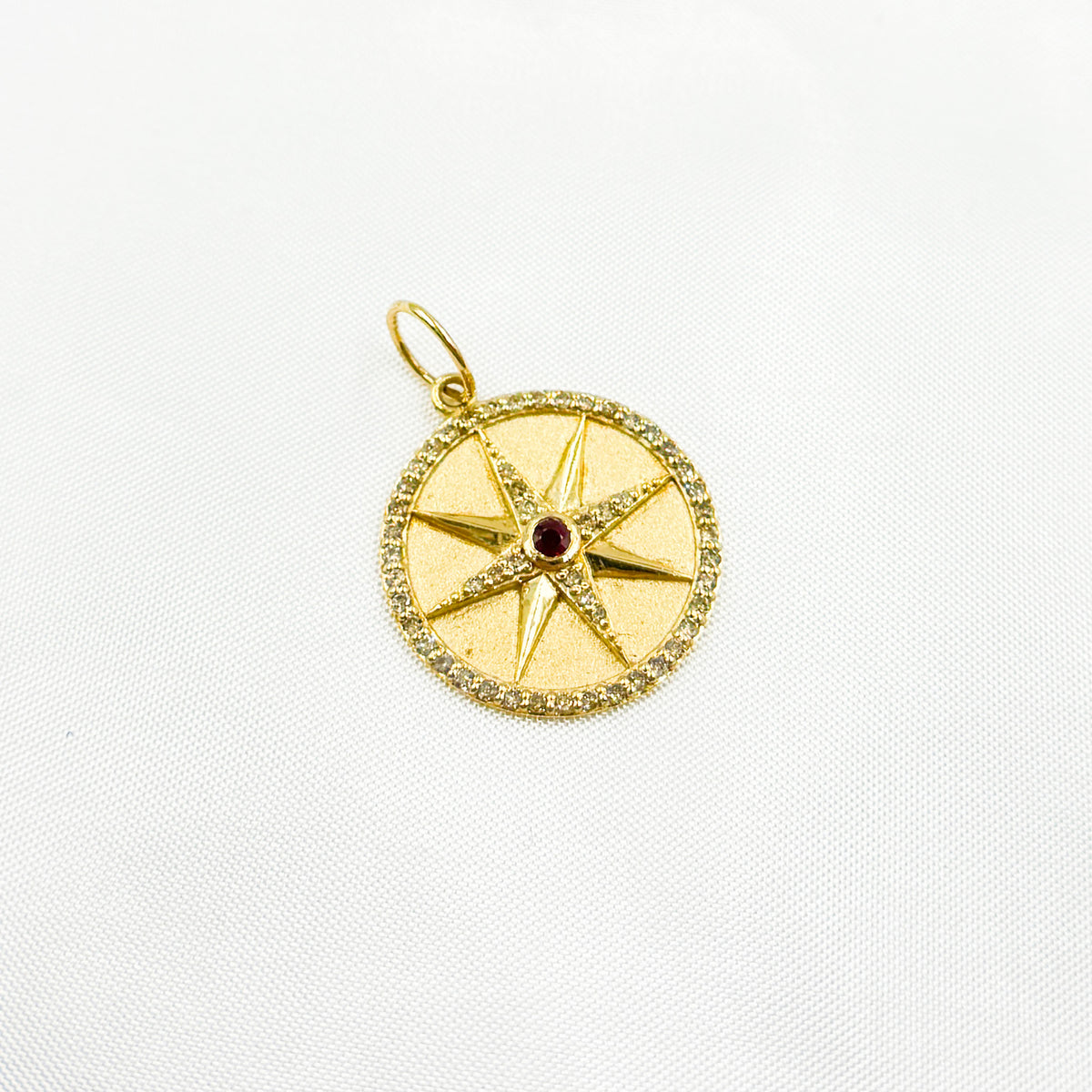 GDP498. 14K Solid Gold Diamonds and Ruby Circle Star Charm