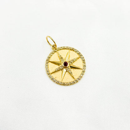 GDP498. 14K Solid Gold Diamonds and Ruby Circle Star Charm