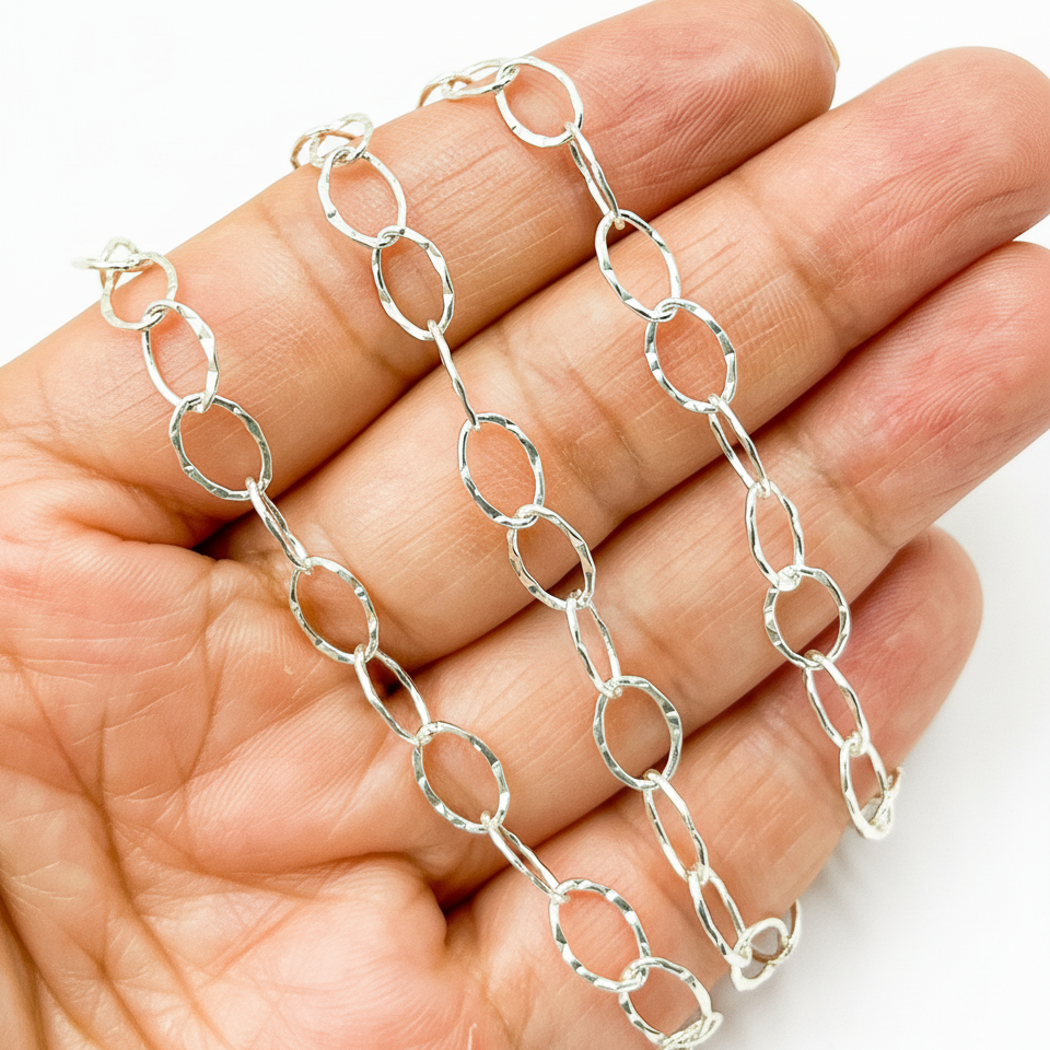 720KSS. Sterling Silver Hammered Oval Shape Chain