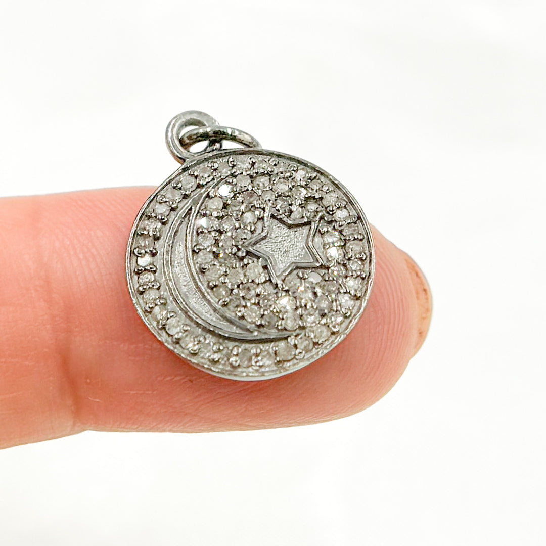 DC425. Diamond Sterling Silver Round Moon and Star Charm