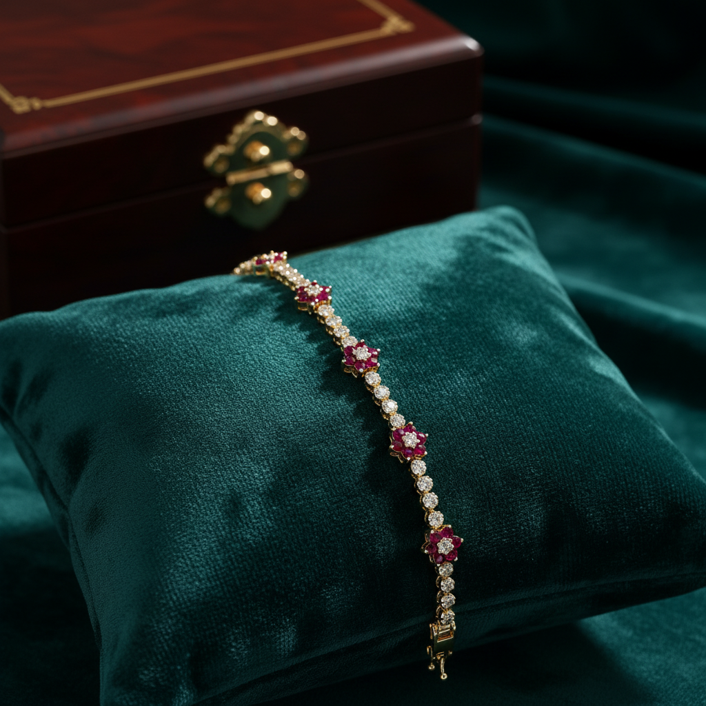 BR402699. 14k Solid Gold Diamond and Gemstone Fancy Flower Bracelet