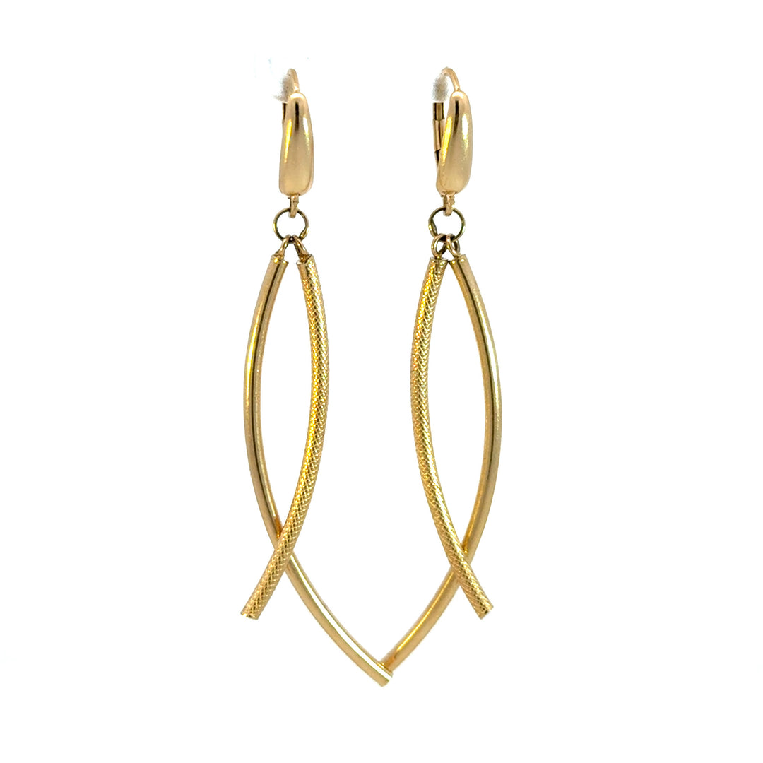 15850018486. 14K Solid Gold Smooth and Textured Tube Hollow Dangle Leverback Earrings