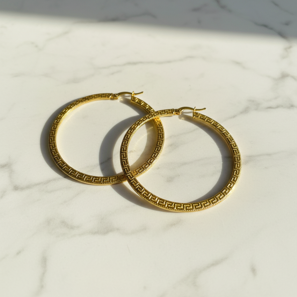 GER123. 14K Solid Gold Hollow Hoop with Engraving