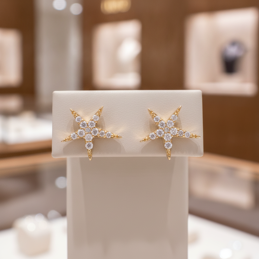 EFD54158. 14k Solid Gold Diamond Stars Stud Earrings