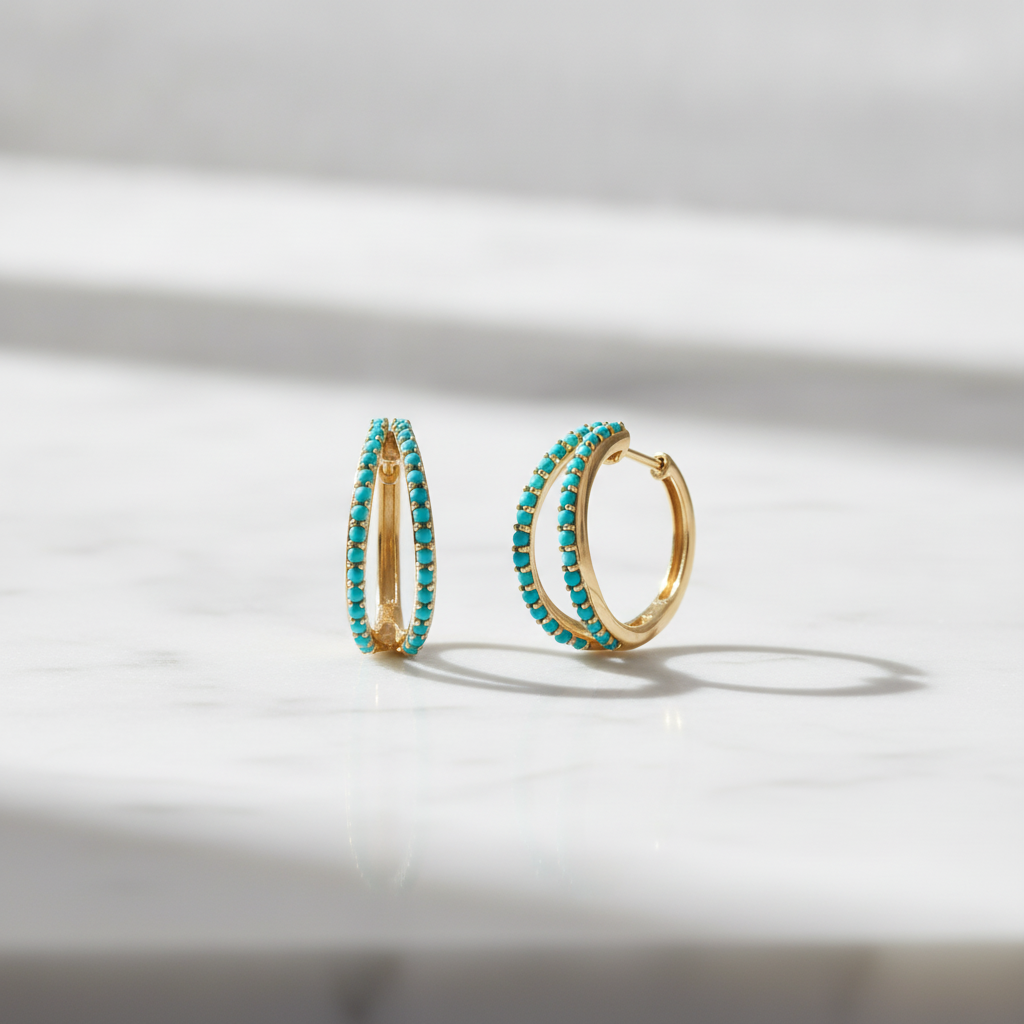 EHZ57722TQ. 14K Solid Gold Turquoise Hoops