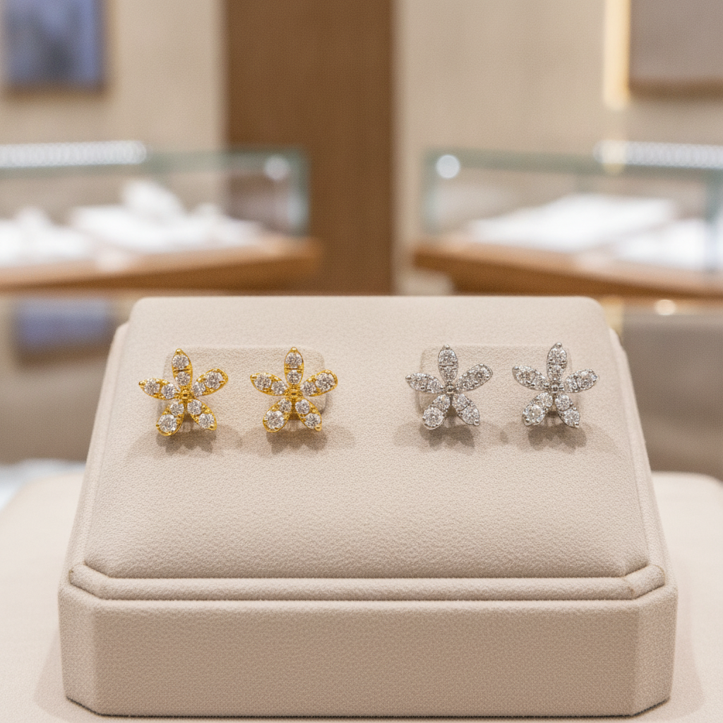 ER413387. 14K Solid Gold Diamond Flower Studs
