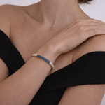 Load image into Gallery viewer, BNK68623B. 14K Solid Yellow Gold Elegant Bangle Featuring Blue Diamonds and White Diamonds