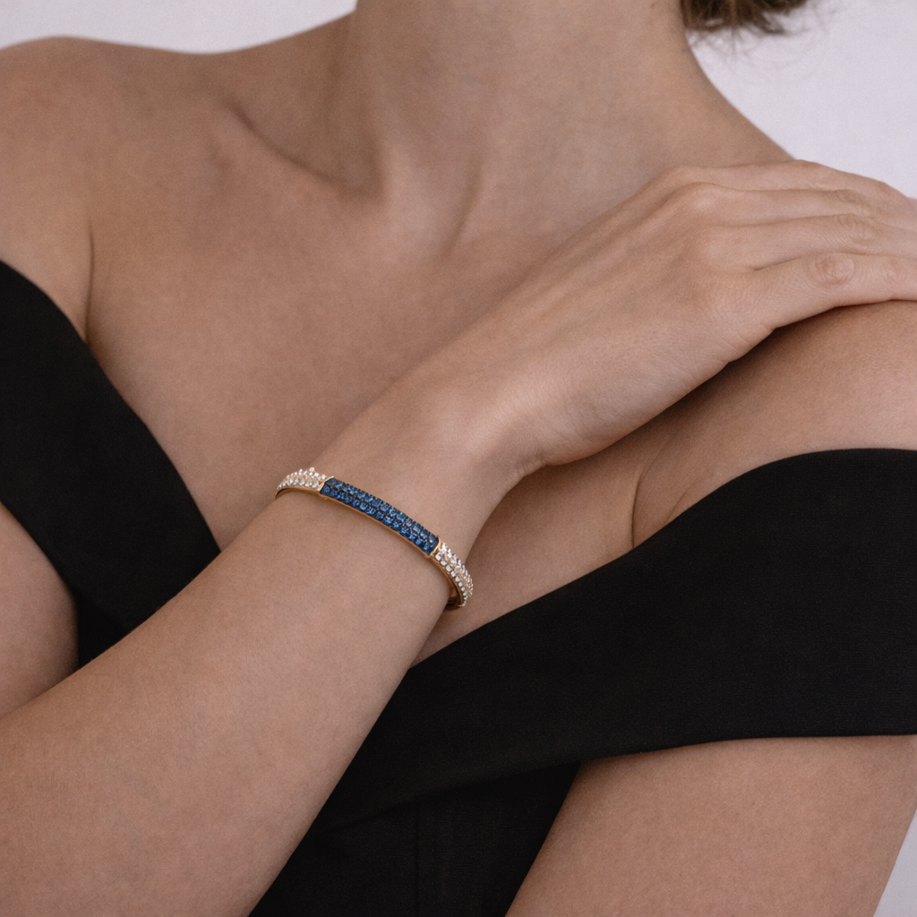 BNK68623B. 14K Solid Yellow Gold Elegant Bangle Featuring Blue Diamonds and White Diamonds