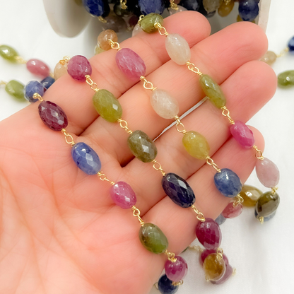 Multi Sapphire Rondel Faceted Gold Plated 925 Sterling Silver Wire Chain.  MSA38