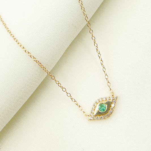 NFB71122EM. 14k Solid Gold  Diamonds and Emerald Evil Eye Necklace
