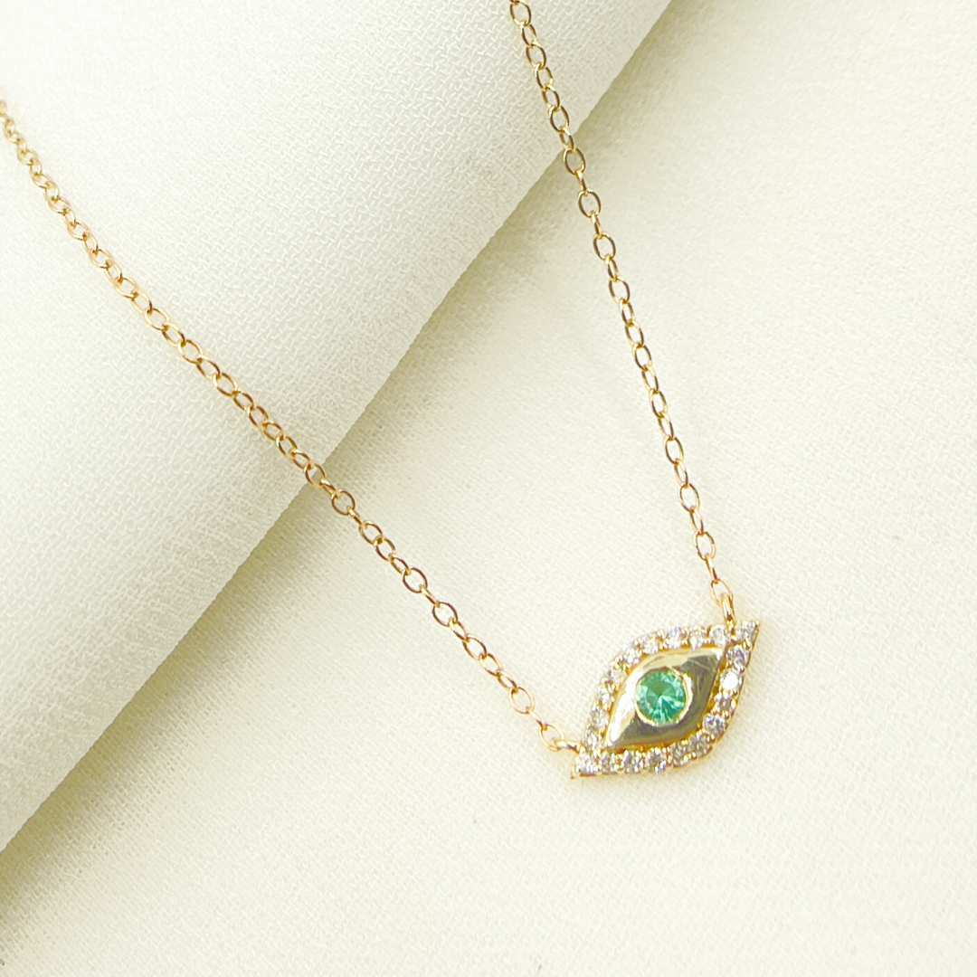 14k Solid Gold  Diamonds and Emerald Evil Eye Necklace. NFB71122EM