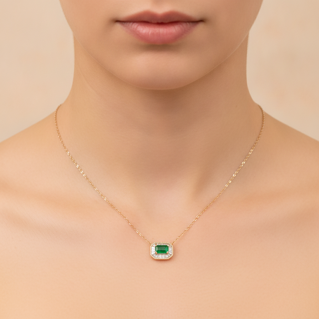 NT407154. 14K Solid Gold Octagon Emerald Fancy Tiny Necklace