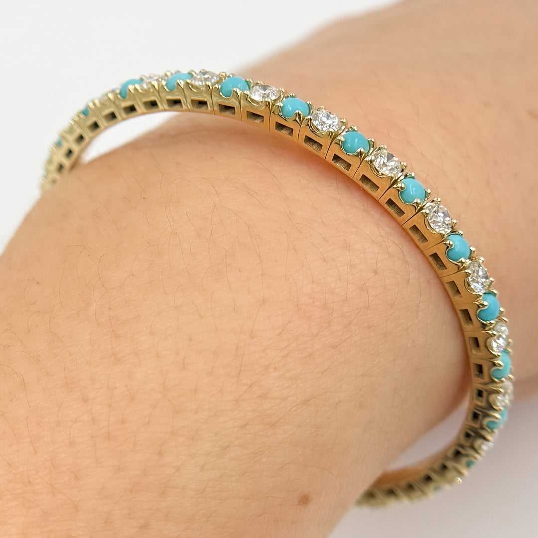 BTM68424TQO1. 14K Solid Yellow Gold Diamond and Turquoise Bangle